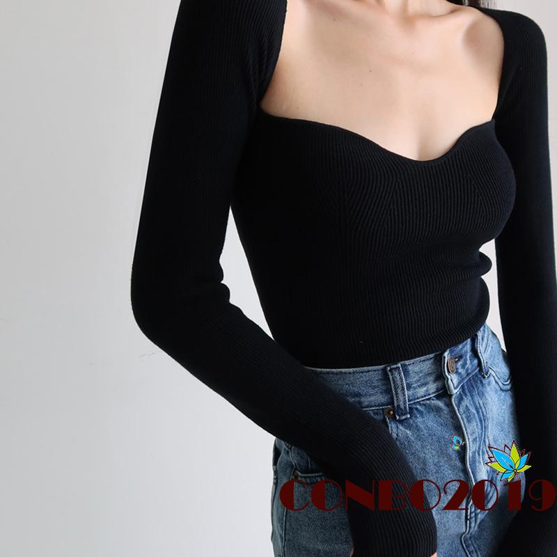 Áo Croptop Dệt Kim Tay Dài Màu Sắc Đơn Giản Cho Nữ