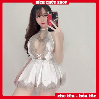 Váy ngủ sexy hở lưng khoét ngực bo eo màu trắng phối ren quyến rũ BT107A