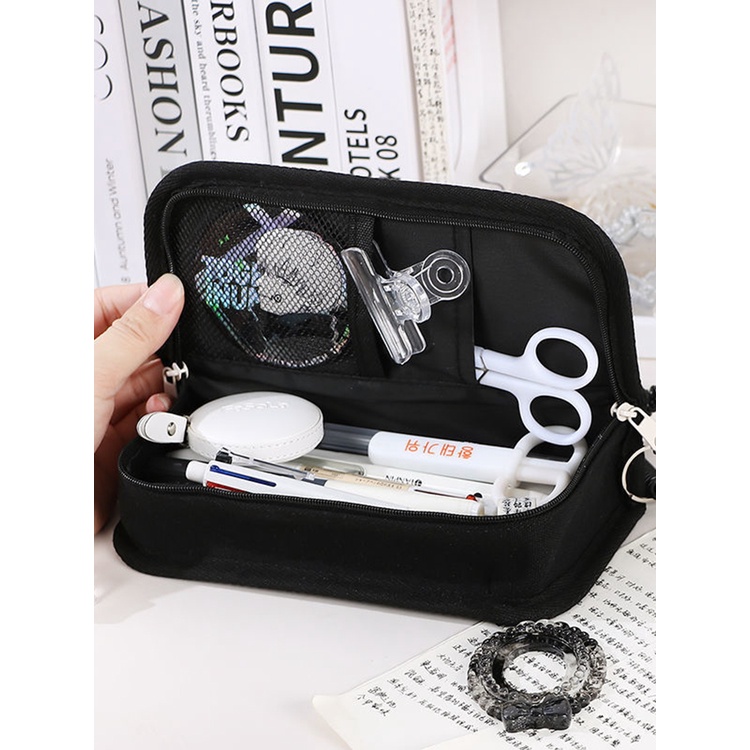 Túi Đựng Bút Chì Kẻ Ô Màu Trắng Đen Dung Tích Lớn Phong Cách Nhật Bản