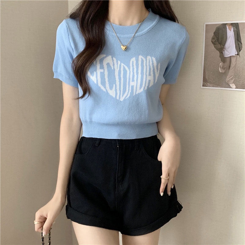 Nevaeh Áo Dệt Kim Mỏng Ngắn In Chữ Ngọt Ngào Thời Trang Mùa Hè áo croptop
