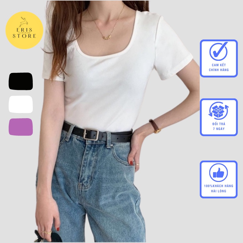 Áo phông nữ Eris cộc tay cổ vuông thun trơn co dãn tốt màu đen hồng trắng bigsize thời trang basic