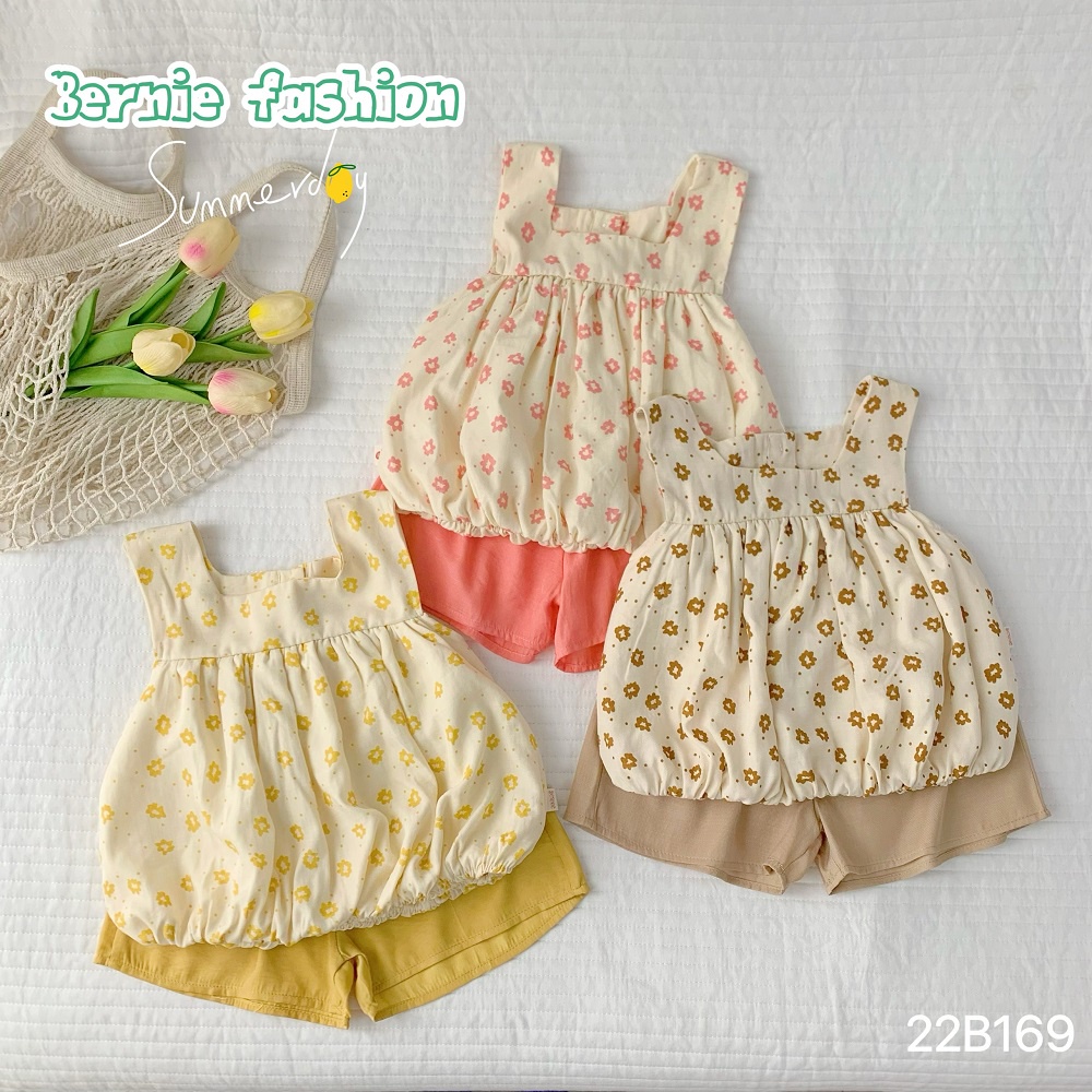 Set bộ đi chơi bé gái BERNIE hoa nhí áo phồng màu vàng hồng be đỏ bé đi chơi đi biển bé 9 đến 24kg