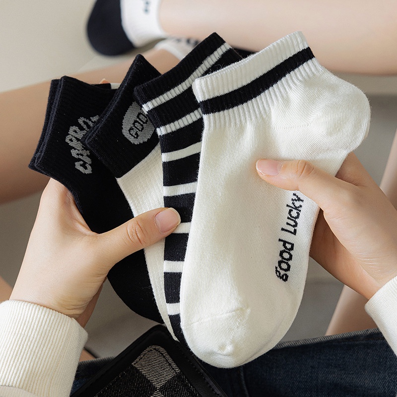 Tất Cotton Cổ Thuyền Màu Trắng Đen Đơn Giản Thời Trang Bốn Mùa Cho Nữ