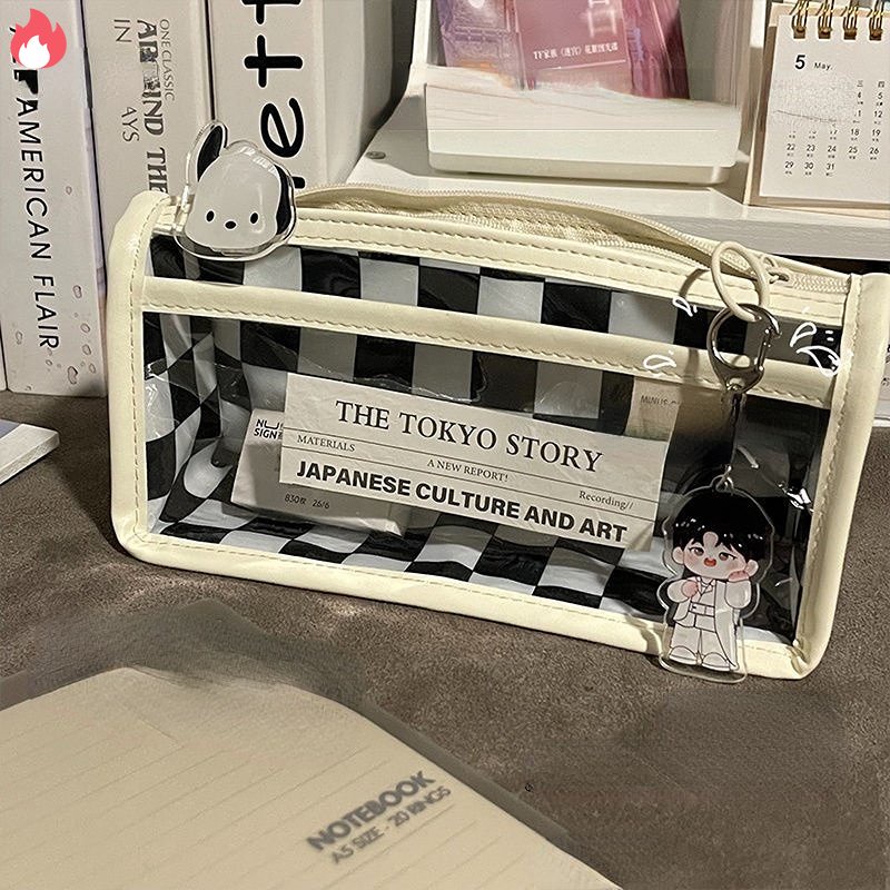 Túi Đựng Bút Chì Kẻ Ô Màu Trắng Đen Trong Suốt Sức Chứa Lớn RYVN