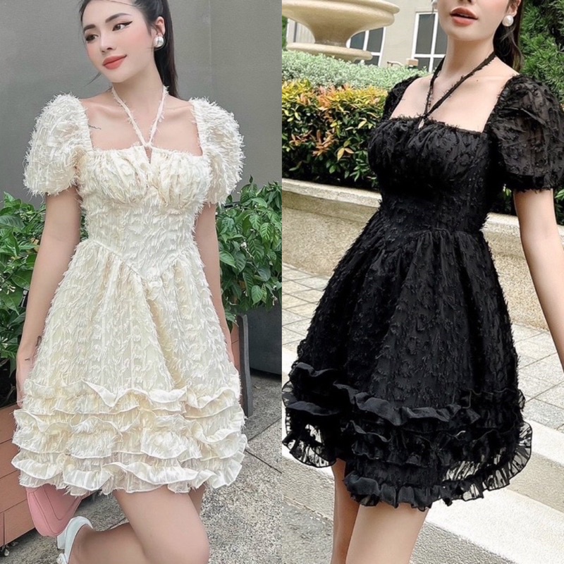 Đầm Thiết kế lông vũ xoè tầng cổ yếm quyến rũ tôn dáng đẹp nhẹ nhàng cho nàng đi chơi đi tiệc xinh xắn