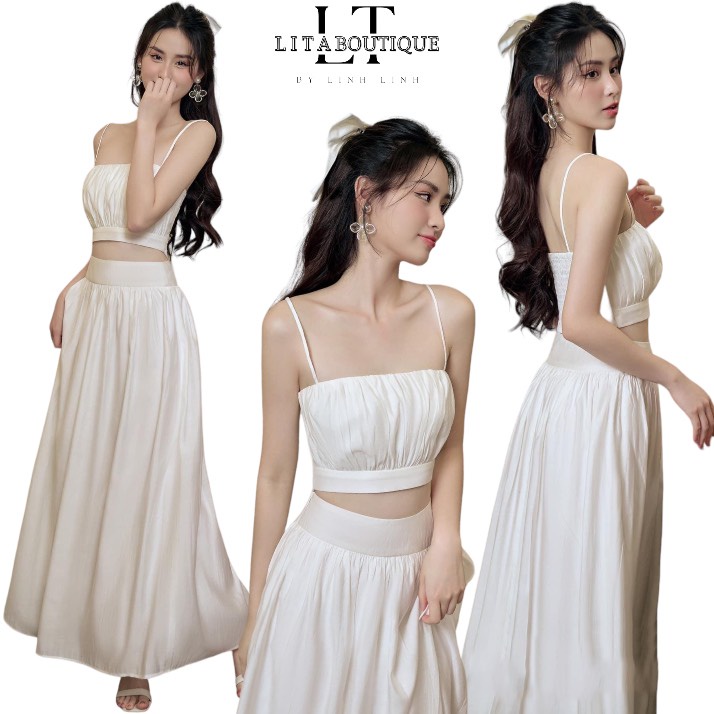 Set Bộ LITA Boutique S44 ÁO 2 DÂY, MÀU TRẮNG BẢN LƯNG THUN CO GIÃN, KÈM CHÂN VÁY MAXI DÀI CHẤT ĐŨI TẰM