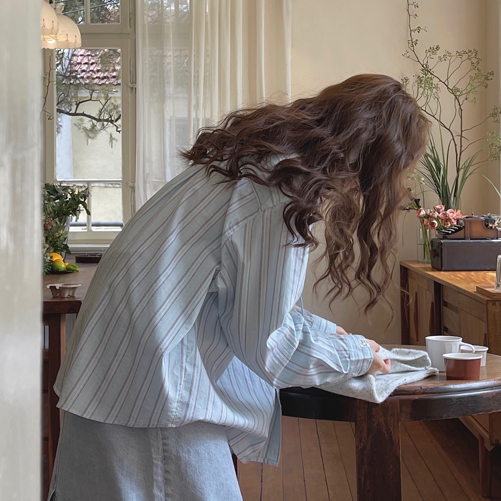 Áo sơ mi SUXI tay dài họa tiết kẻ sọc phong cách Hàn Quốc cổ điển thời trang mùa xuân dành cho nữ oversize