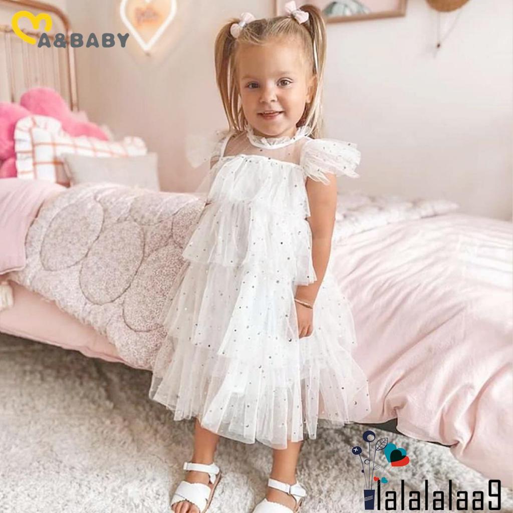 Đầm Tulle Phối Bèo Nhún In Họa Tiết Trăng Sao Đính Kim Sa Lấp Lánh Thời Trang Mùa Hè Cho Bé Gái