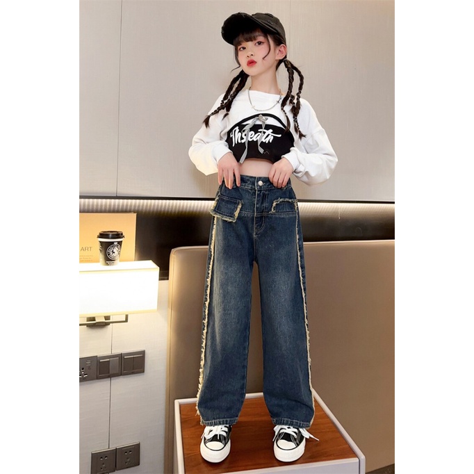 Set Áo Thun Dài Tay + Quần Jeans Dài Thời Trang Cho Bé Gái