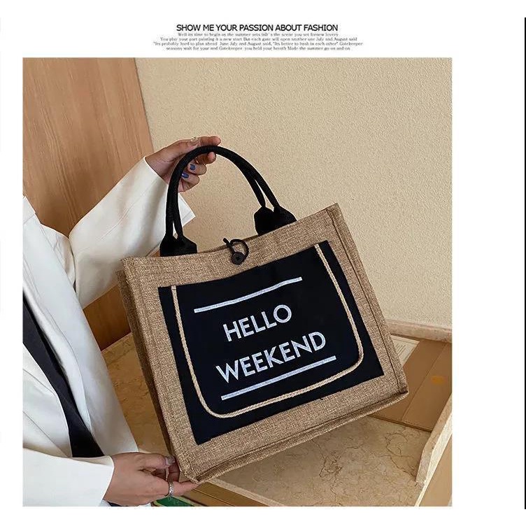 Túi cói đi biển phong cách vintage Hello weekend, hoa văn,... hot trend - TC01