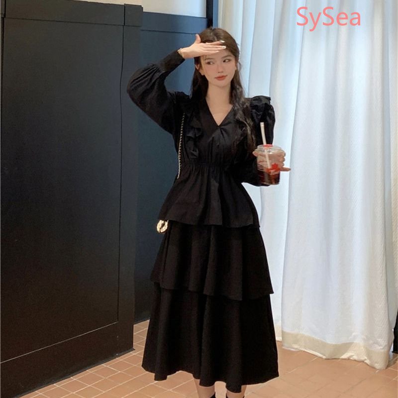 Đầm Tay Dài Cổ Chữ V Phối Bèo Phong Cách Pháp