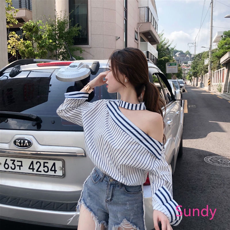 Áo Sơ Mi Tay Dài Trễ Vai Phong Cách Hàn Quốc Thời Trang Xuân Thu Quyến Rũ Cho Nữ