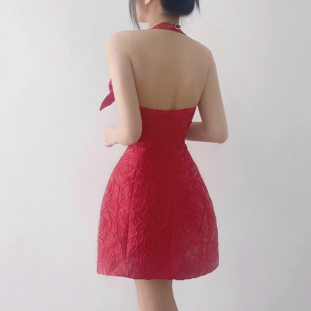 [3.3 Sales Freeship] Đầm nữ thiết kế đi tiệc, đầm gấm sát nách đính hoa hở lưng dáng chữ A màu đỏ vàng sang trọng dx