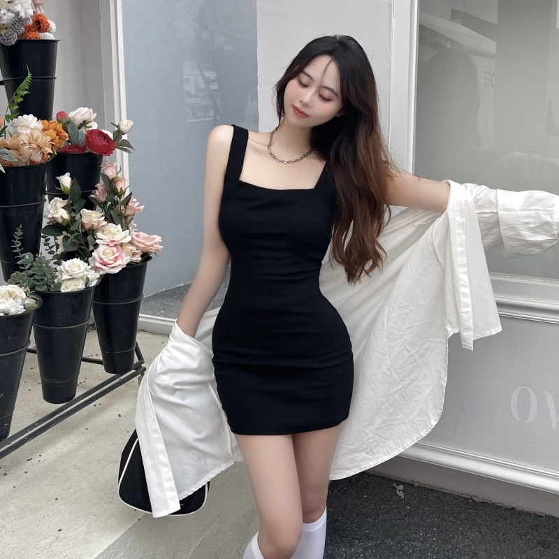 Đầm hai dây ZHELIHANGFEI cổ vuông dáng ôm màu đen thời trang quyến rũ cao cấp