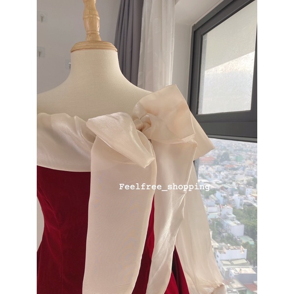 Đầm Đỏ Dáng Ngắn Tay dài Trễ Vai Cổ Thắt Nơ Mặc Đi Tiệc Đi Chơi (Hình Thật)