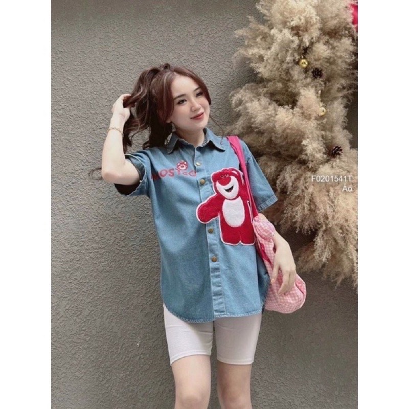 Áo sơ mi bò thêu hình, áo jean ngắn tay hình gấu nổi phong cách trẻ trung, năng động