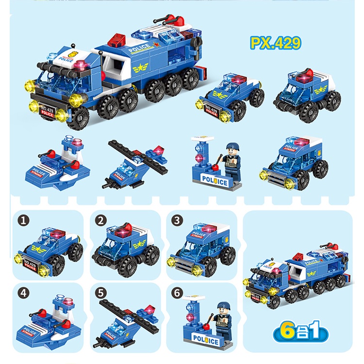 Bộ Lego Xe cảnh sát, Xe công trình, Xe PCCC, Máy bay trực thăng quân sự