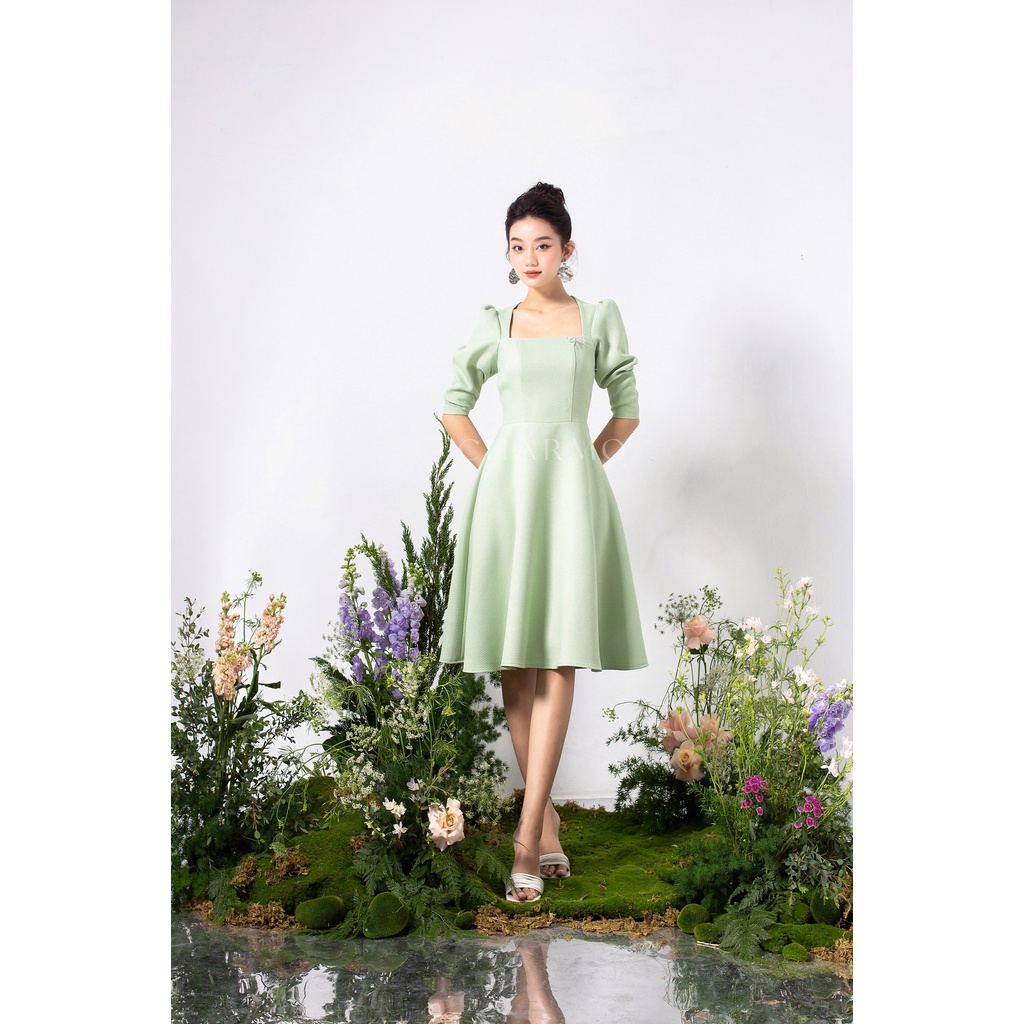 Đầm thiết kế CHARMO cổ vuông tay phồng dài form dáng xòe vải cotton bố Ruffle Lily Dress