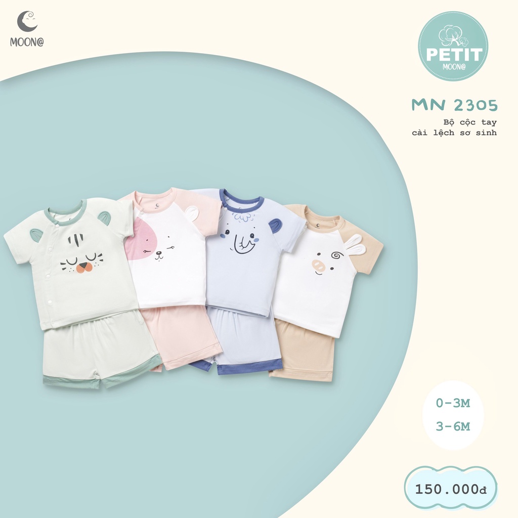 Bộ cộc tay sơ sinh MOON vải petit cài chéo mỏng mát 4 màu in họa tiết Moon@ cài lệch Việt Nam