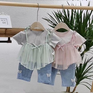 Set áo thun kiểu phối voan bé gái kèm quần jean MINTSCLOSET Mint s Closet