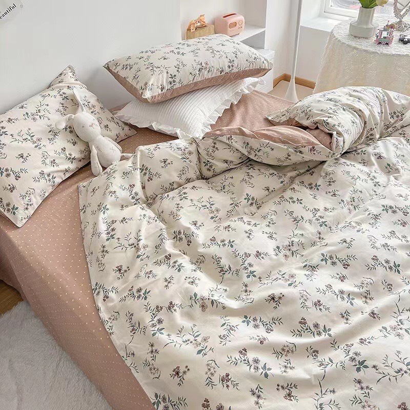 Chăn Ga Gối Cotton Living " Hồng Kẻ Đen " - Bộ Chăn Ga Gối Cotton 100% Nhập Khẩu 4 món