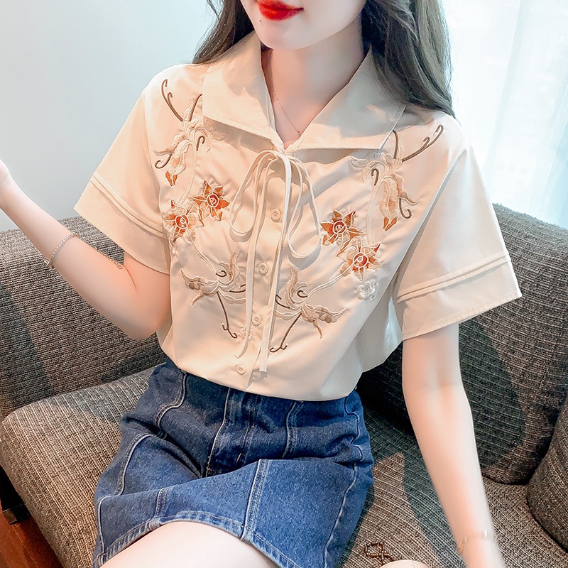 Áo Sơ Mi Chiffon Tay Ngắn Ống Loe Cổ Búp Bê Thời Trang Mùa Hè Phong Cách Mới