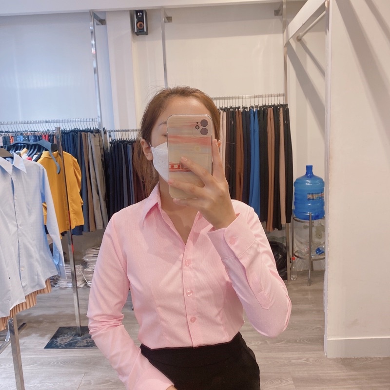 Áo sơ mi nữ công sở màu hồng chất liệu vải kate cao cấp không nhăn, from chuẩn tôn dáng