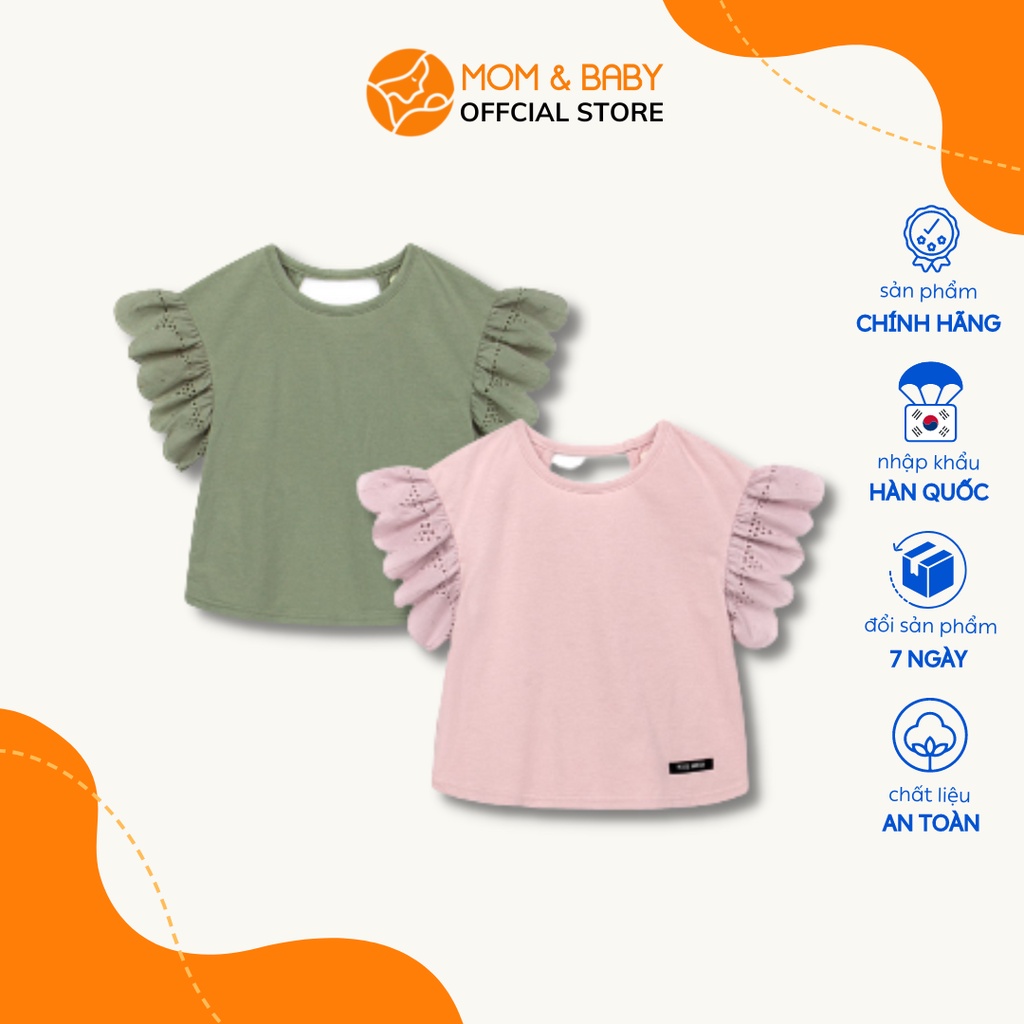Áo thun bé gái thương hiệu Hàn Quốc Petite Mieux tay ngắn phối kate màu hồng khaki MOM & BABY DMEBT09