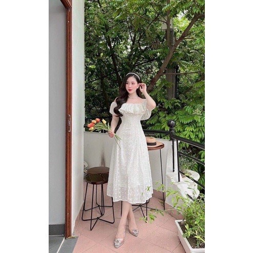 Đầm trễ vai dáng dài, váy trễ vai đi biển, đi tiệc Chất liệu voan tơ hạt