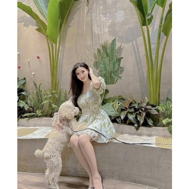 ĐẦM HOA XANH BO EO 2 DÂY