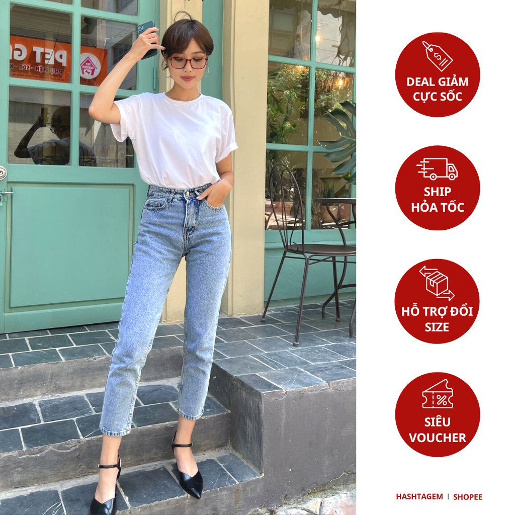 Quần Jeans Nữ Lưng Cao Mom Fit Jeans-Violet Blue_Hashtagem