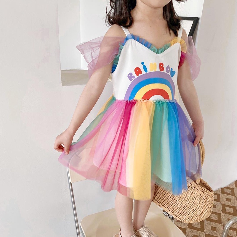 Đầm công chúa IQ ANGEL hai dây họa tiết hoa màu cầu vồng xinh xắn cho bé gái