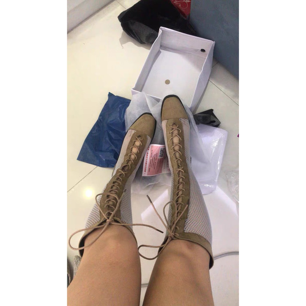 Boots lưới đế 6,5cm dáng dài phối da lộn hot hit gót vuông