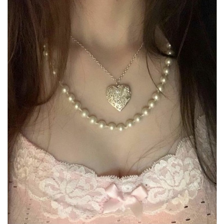 *₊‧ Vòng cổ đá rose quartz mặt hình trái tim coquette vintage 70s, dây chuyền thánh giá nữ tính dành cho bạn gái ‧₊*