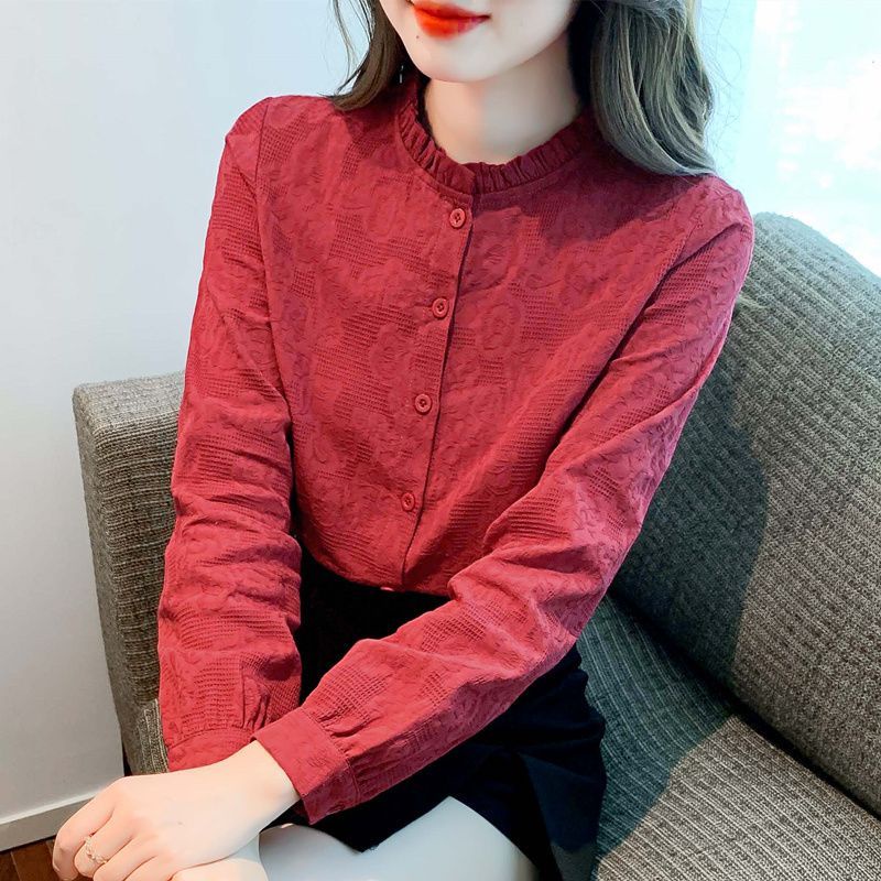 ICE Cotton Younger Fashion Jacquard Cotton Shirt Women's Western Style Cotton Wooden Ear Collar Shirt Long Sleeve