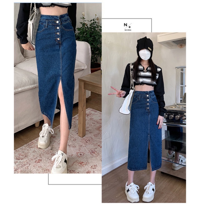 Chân Váy Denim Xẻ Tà Phong Cách Hàn Quốc Dành Cho Nữ
