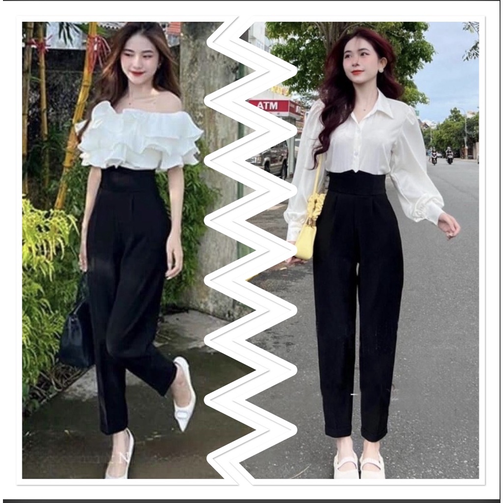 Quần tây nữ baggy lưng cao estoree cạp V màu đen hách dáng mặc đi học làm công sở