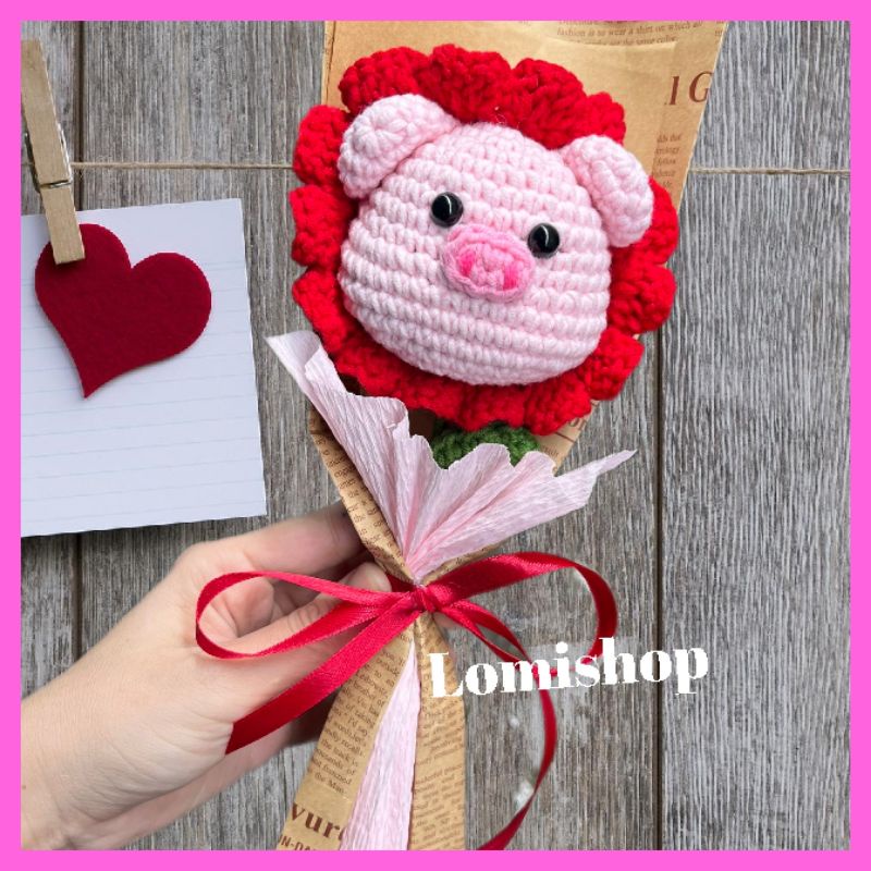 Bó hoa bé heo len móc dễ thương LOMISHOP - Thú len móc.