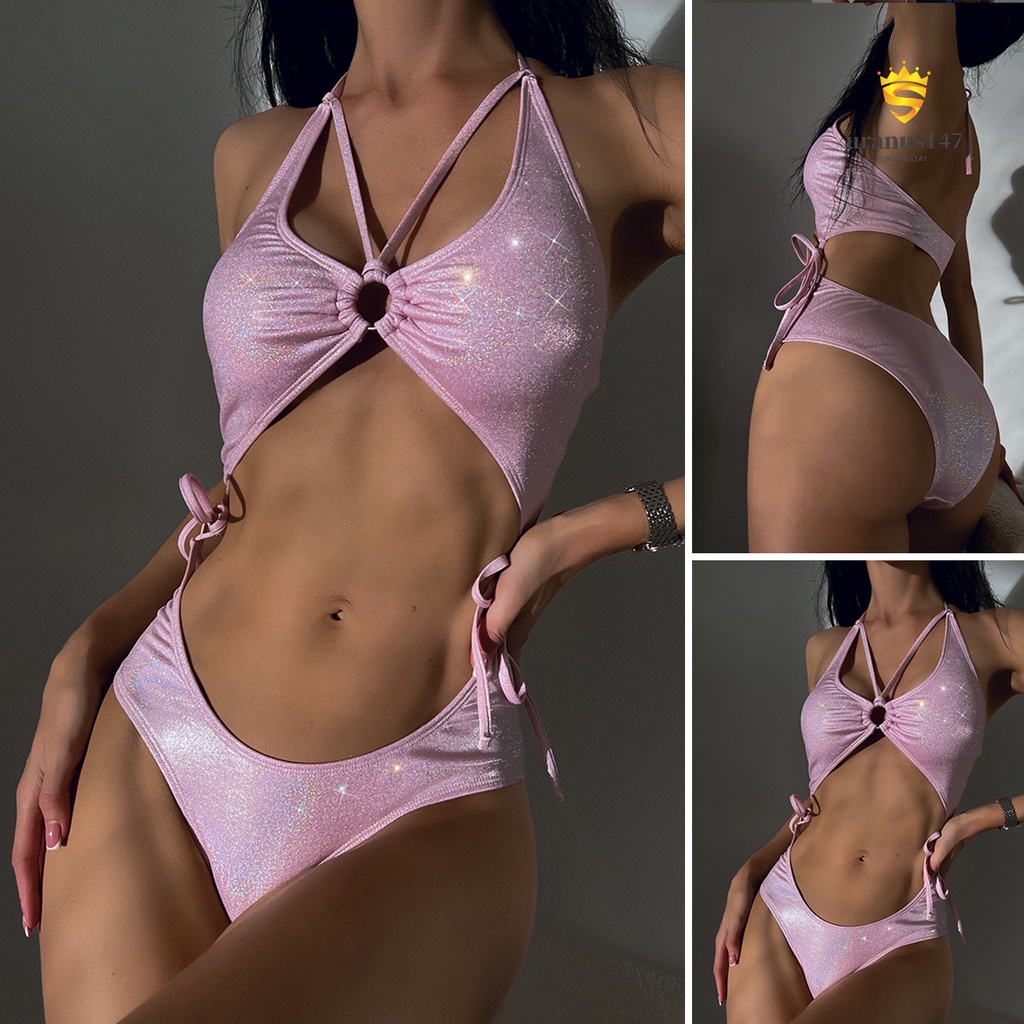 Bộ Bikini Một Mảnh Hở Lưng Màu Hồng Lấp Lánh Phong Cách Hoa Kỳ Cho Nữ