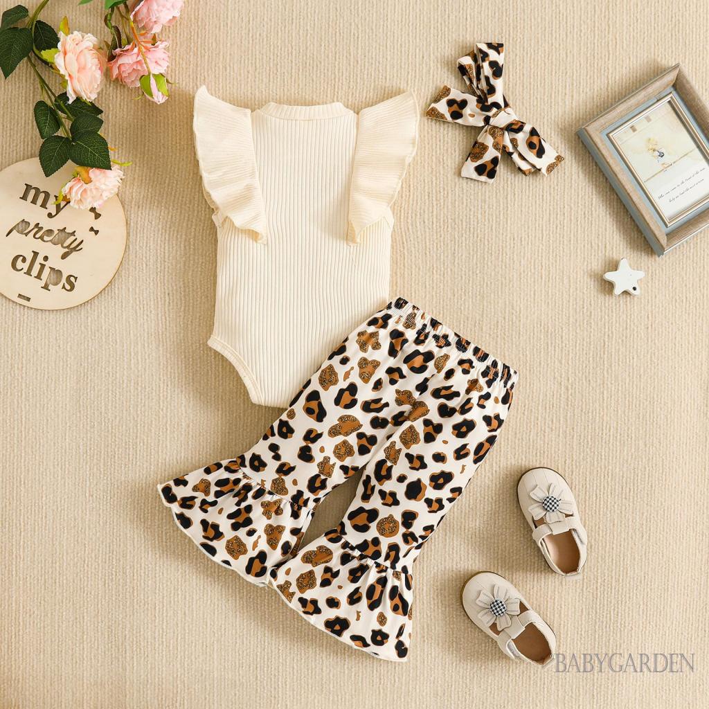 Bộ Áo Liền Quần Tay Xòe In Họa Tiết Da Báo + Quần Dài Kèm Băng Đô Cài Tóc Thời Trang Cho Bé Gái 3-18 Tháng Tuổi