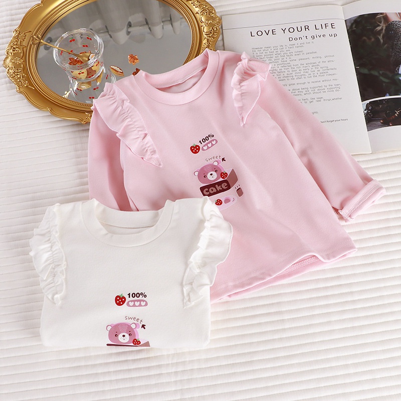 80-140cm Mùa Xuân Phong Cách Mới Bé Gái Đáy Áo Sơ Mi Phiên Bản Hàn Quốc Thường Ngày Nhung Đức Áo Thun Dài Tay Cho Bé Gái Ren Tay Áo Quần Áo Trẻ Em