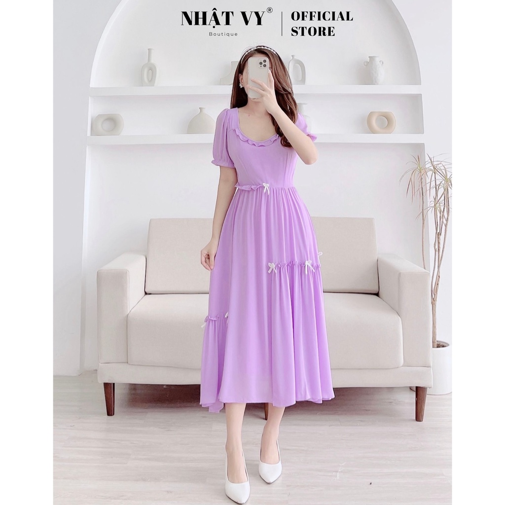 Đầm maxi dự tiệc Nhật Vy cổ viền bèo cách điệu đính nơ tay bo thun chất tằm ý phù hợp dạo phố cafe sang chảnh - D2604