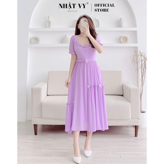 Đầm maxi dự tiệc Nhật Vy cổ viền bèo cách điệu đính nơ tay bo thun chất tằm ý phù hợp dạo phố cafe sang chảnh - D2604