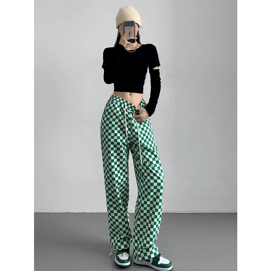 Quần Legging Ống Rộng Họa Tiết Sọc Caro Phong Cách Đường Phố