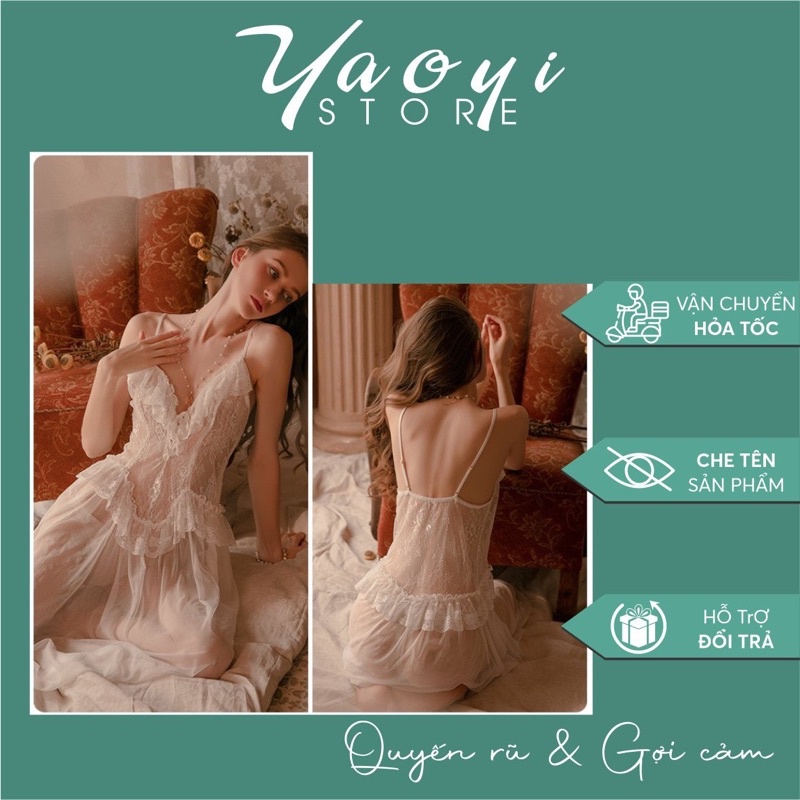 Sét váy ngủ voan xuyên thấu kèm áo choàng sexy quyến rũ cao cấp tiểu thư màu trắng