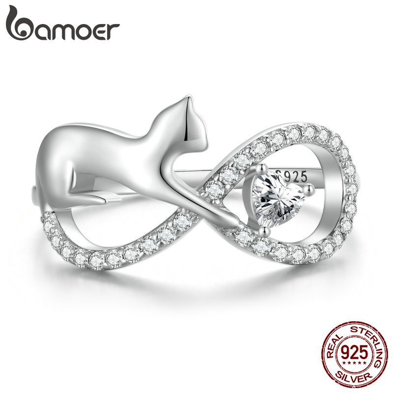 BAMOER Nhẫn Bạc 925 HìNh MèO Và Vô Hạn ThờI Trang Cho Nữ SCR918