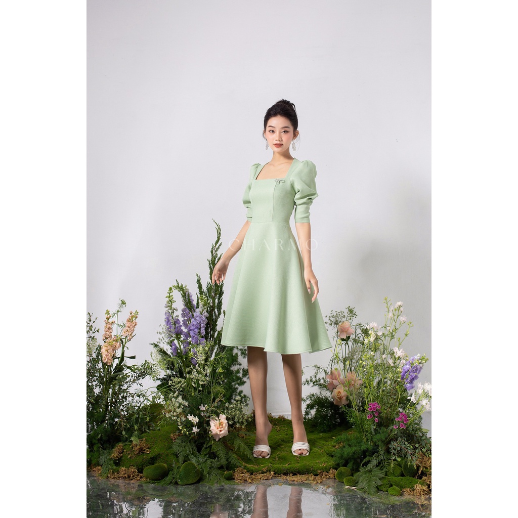 Đầm thiết kế CHARMO cổ vuông tay phồng dài form dáng xòe vải cotton bố Ruffle Lily Dress