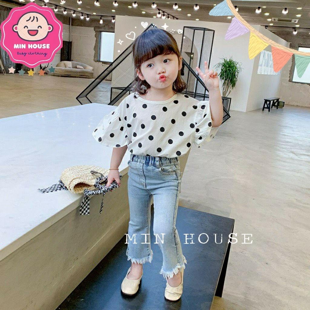(10-20kg) Set áo đũi chấm bi phối quần jean ống loe trendy cho bé gái diện đi học, đi chơi