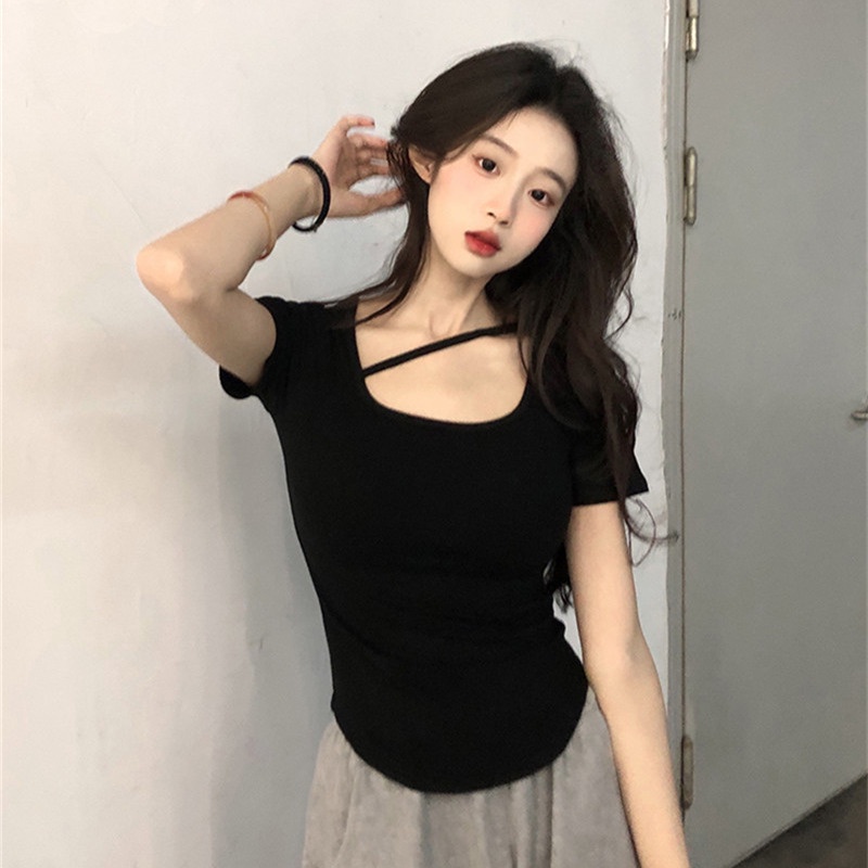 Áo Thun Nữ Ngắn Tay Lệch Tà Thời Trang Mùa Hè