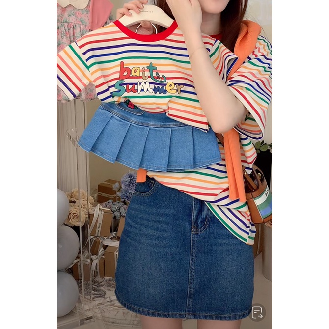 Áo Thun Gia Đình Kẻ Sọc Cầu Vồng In Chữ Phong Cách Mới Mùa Hè 2023